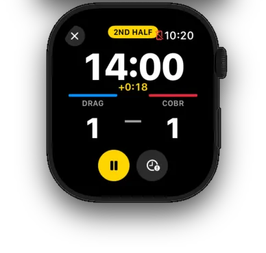 Apple Watch running Center Ref live match clock — 2nd half, 14:00